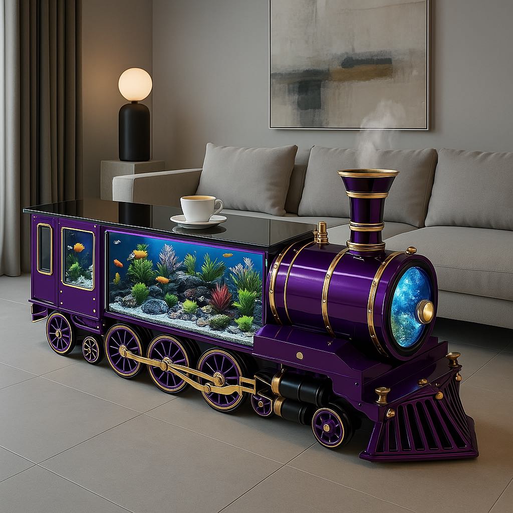 Bold purple train-shaped coffee table featuring a colourful fish tank in a modern living room.