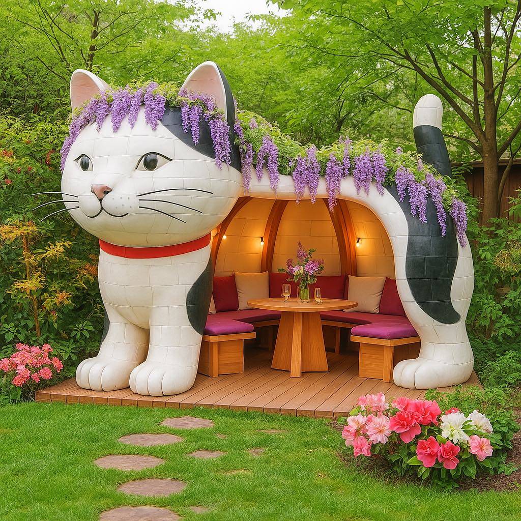  Black and white garden pod shaped like a cat with flower decorations and wood interior