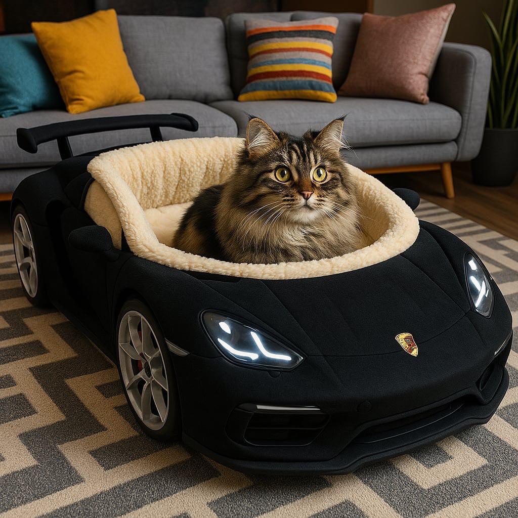 Long-haired cat sitting comfortably in a plush black supercar-inspired cat bed on a patterned rug.
