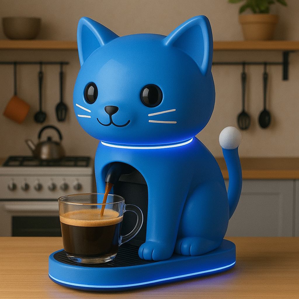 Bright blue cat-shaped coffee machine with LED lighting pouring espresso into a glass cup
