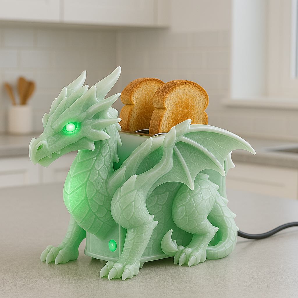A green dragon-themed toaster with bright green LED eyes and wings, glowing while toasting bread.
