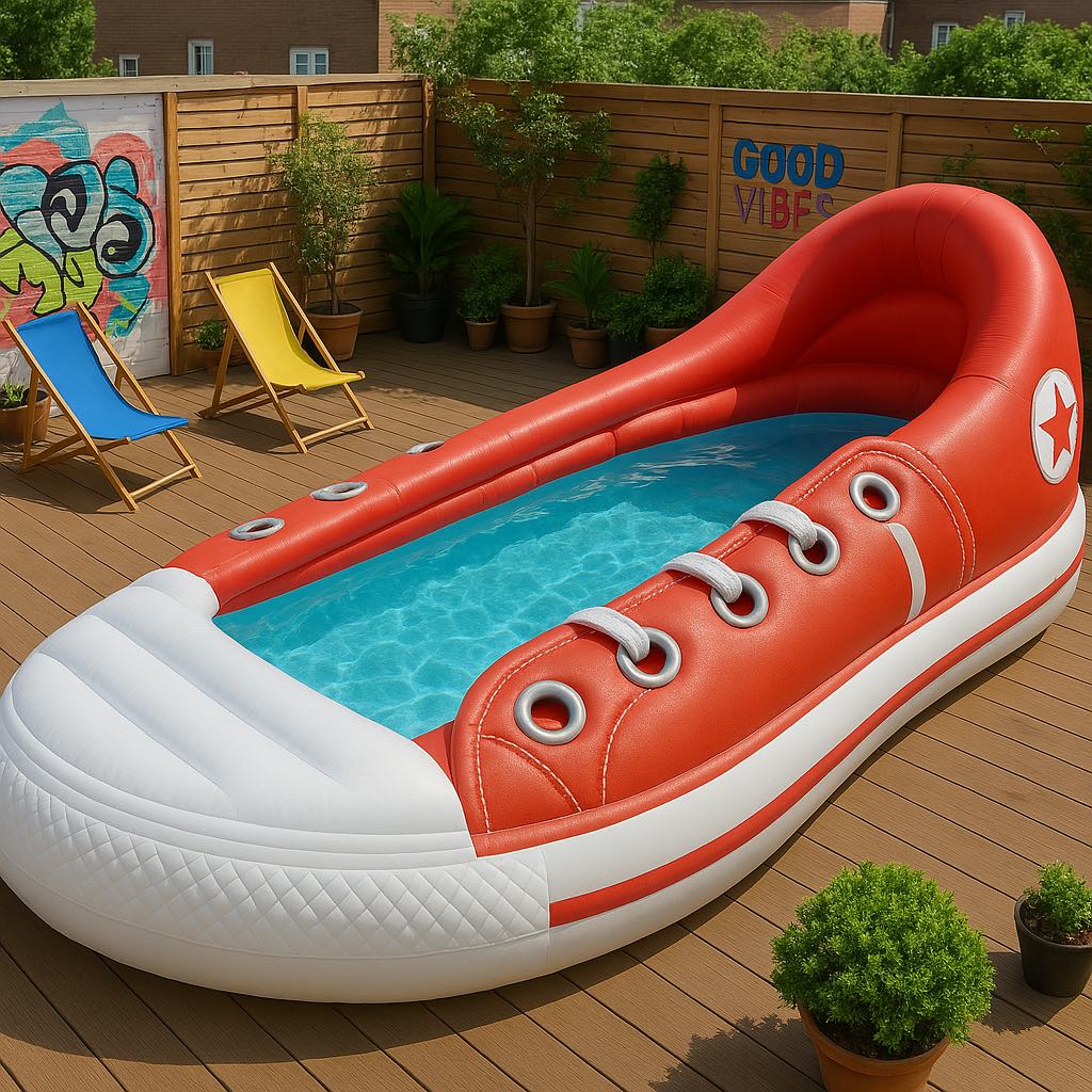 Red high-top trainer-shaped pool in a garden space with colourful chairs and potted plants.