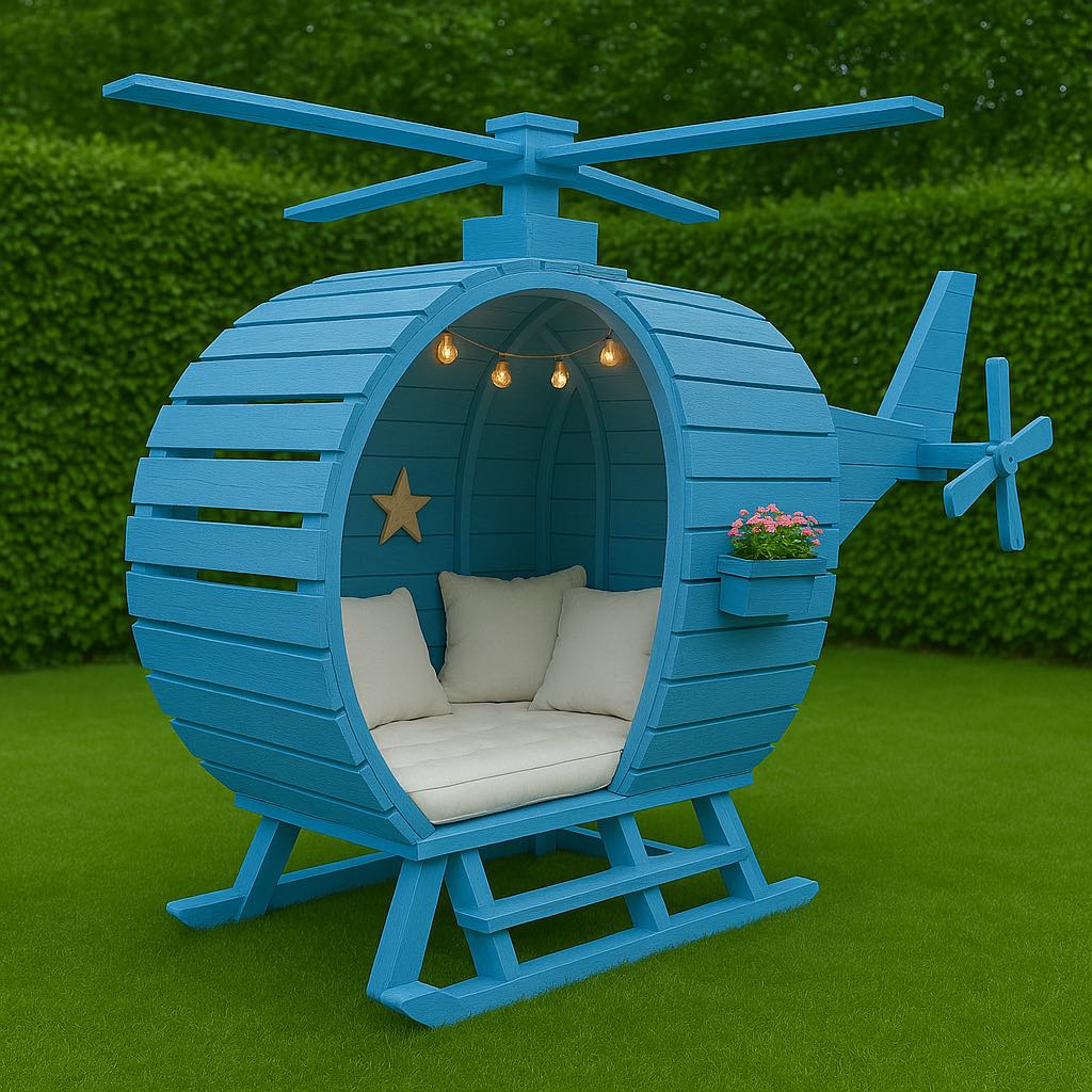 Blue helicopter garden pod with cream seating and flower box in a green garden