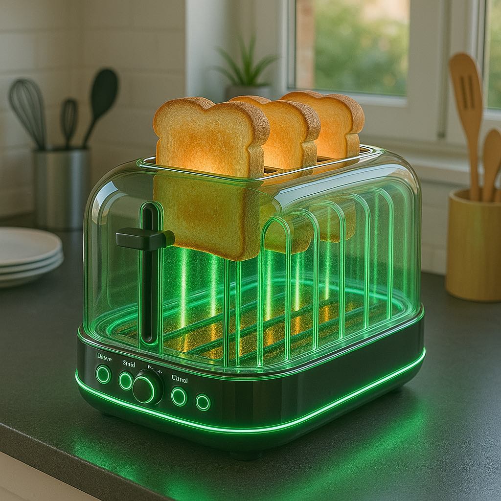 Innovative green LED toaster toasting four slices of bread in a contemporary kitchen.