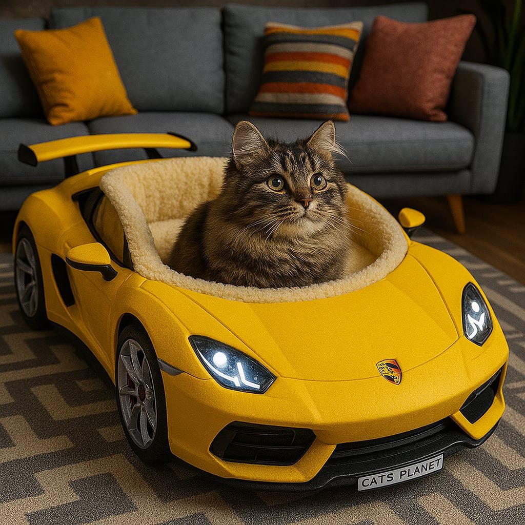 Brown fluffy cat inside a bright yellow sports car-themed cat bed, featuring realistic LED-style headlights.
