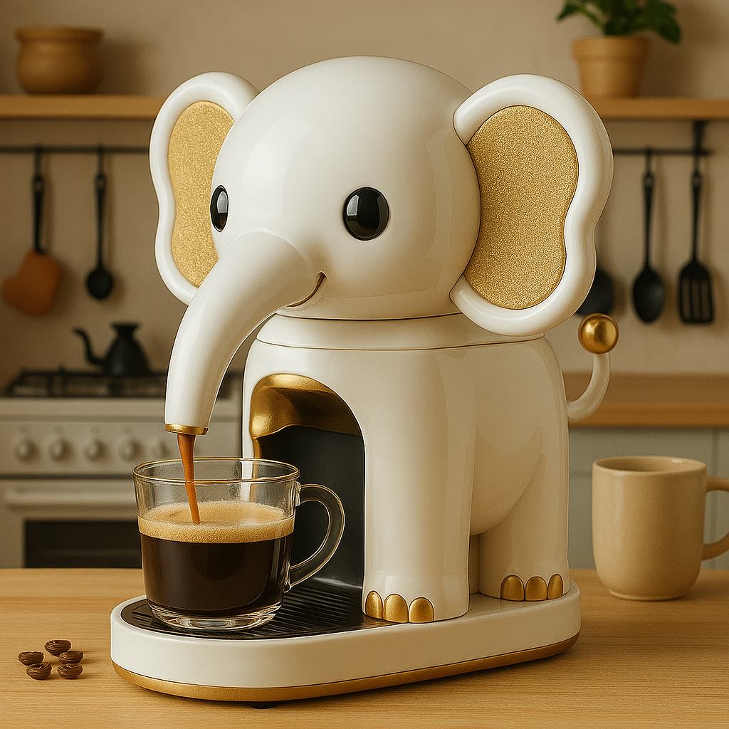  A stylish ivory and gold elephant coffee machine brewing coffee, with gold accents matching kitchen decor.