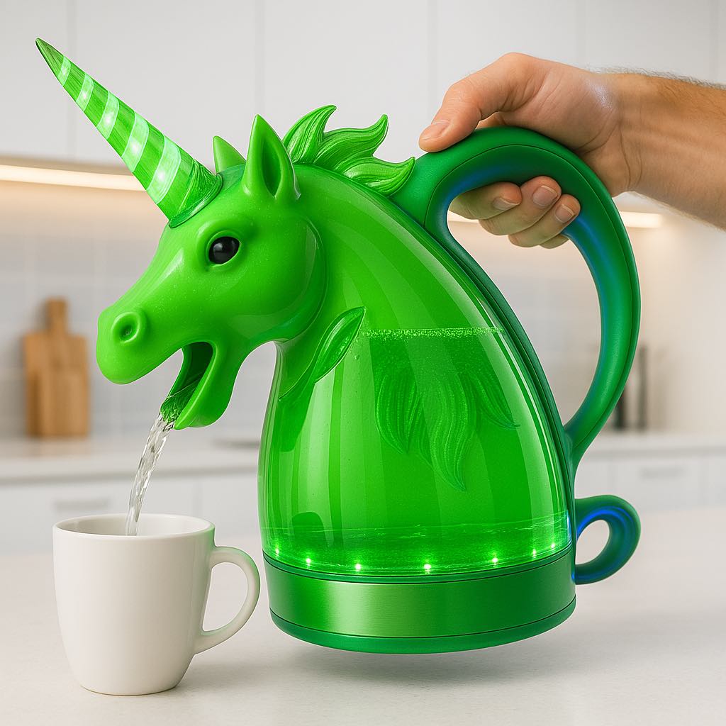 A bright green unicorn-shaped kettle pouring hot water, featuring glowing LED lights.