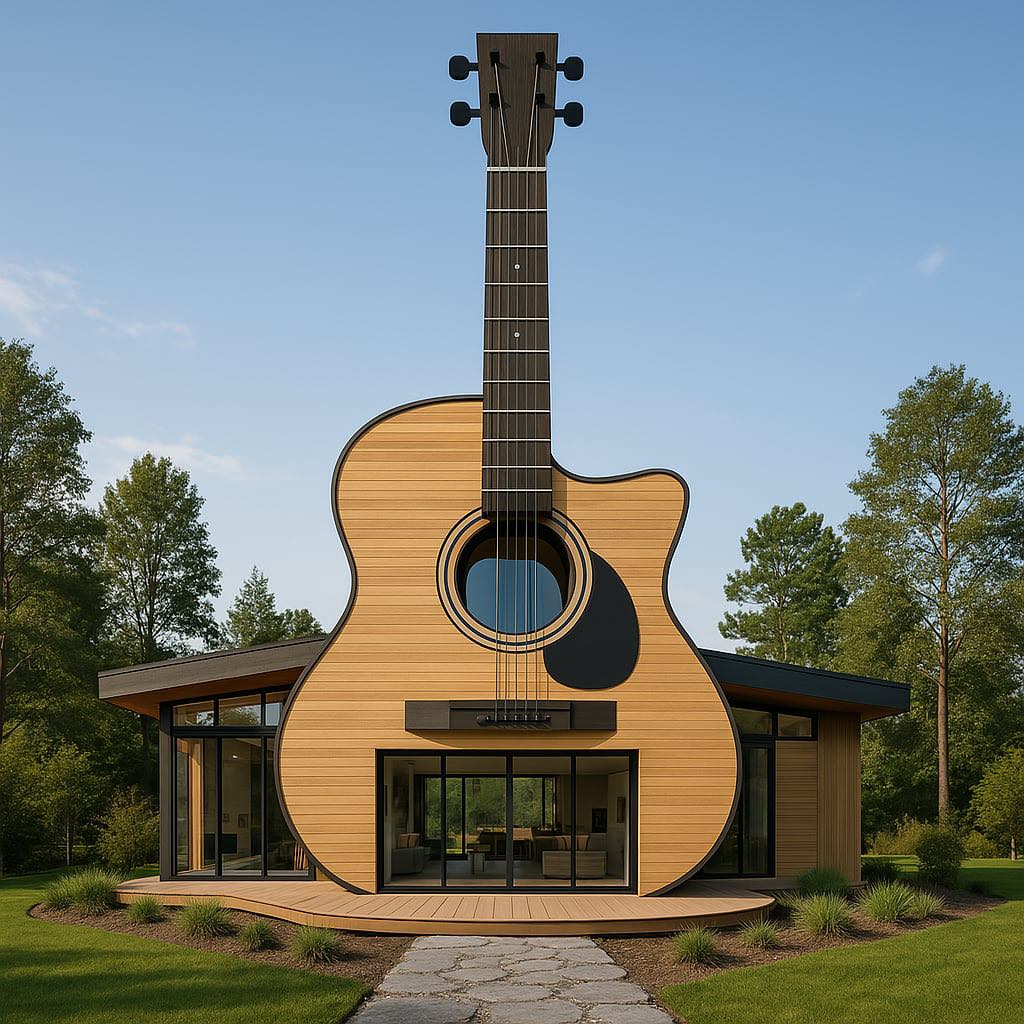 Natural wood-clad house shaped like an acoustic guitar with large window features and lush garden setting