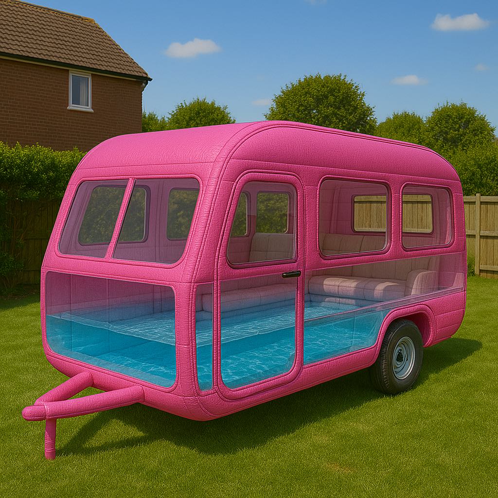 Bright pink caravan with transparent pool floor and cosy interior, placed on a lawn with wooden fencing