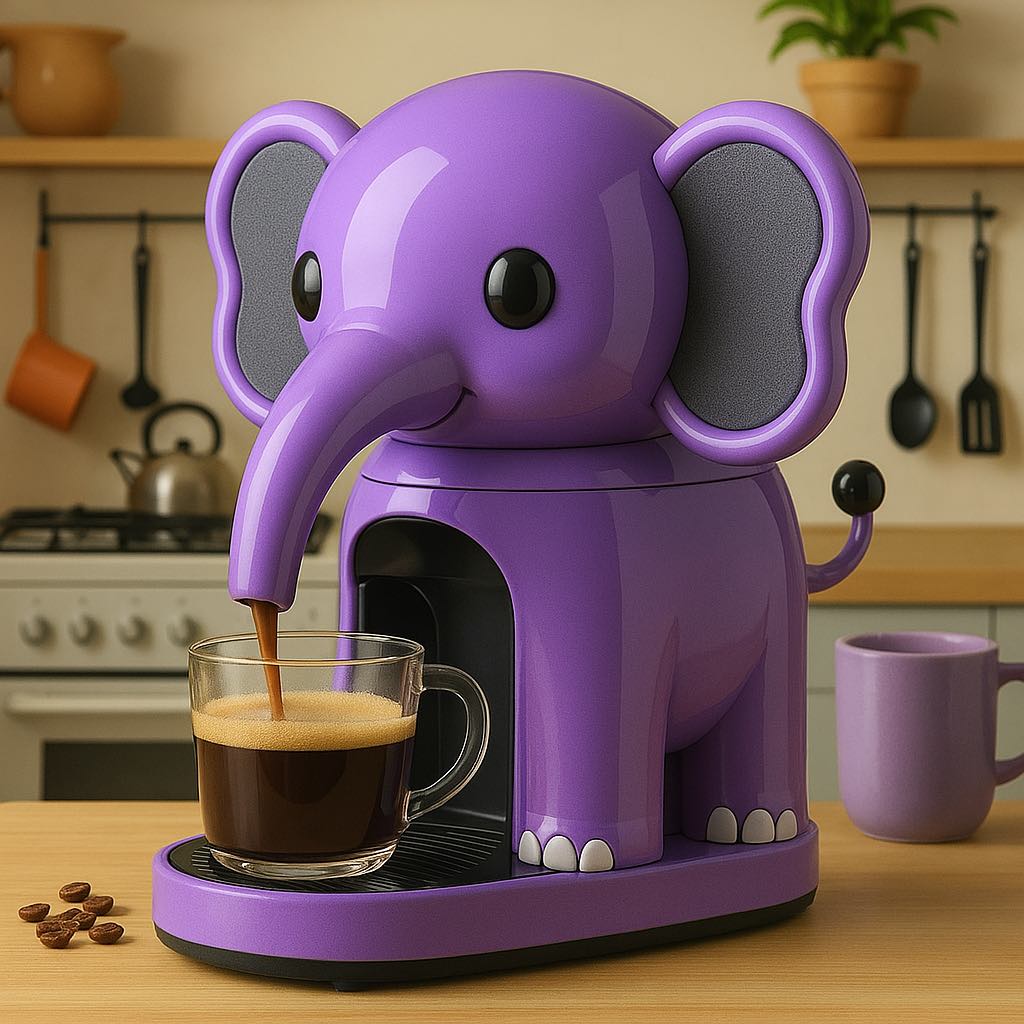 A purple elephant-shaped coffee machine dispensing coffee into a clear glass cup on a wooden counter.