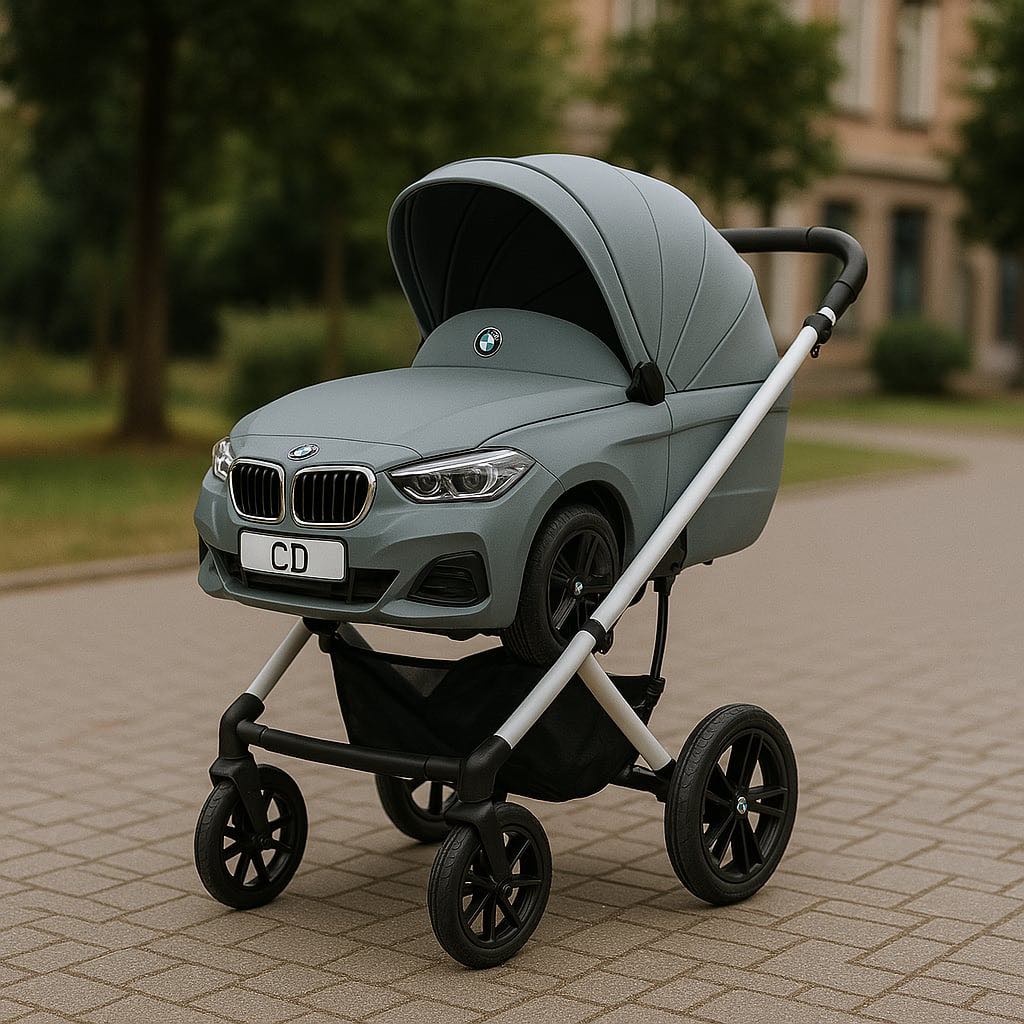 Futuristic grey BMW baby stroller on stone path
