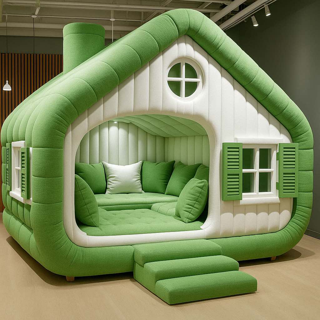 Whimsical forest green house-shaped sofa complete with faux windows, steps, and snug interiors.