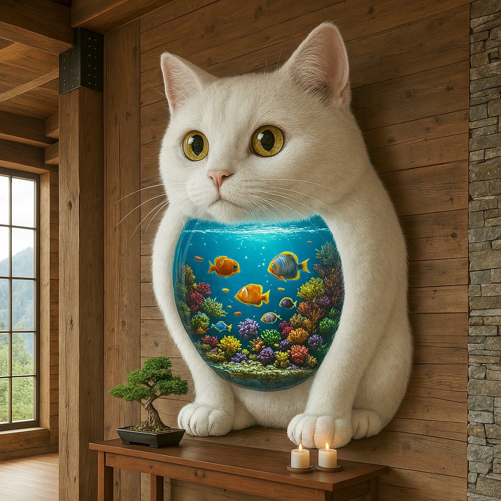 Elegant white cat wall art with a vibrant aquarium filled with colourful fish and coral
