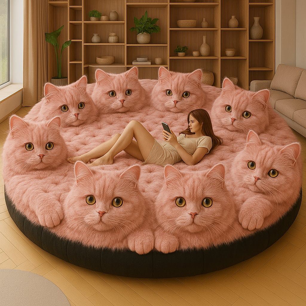 Vibrant pink tufted sofa with cat faces, featuring a woman lounging in a stylish living room.