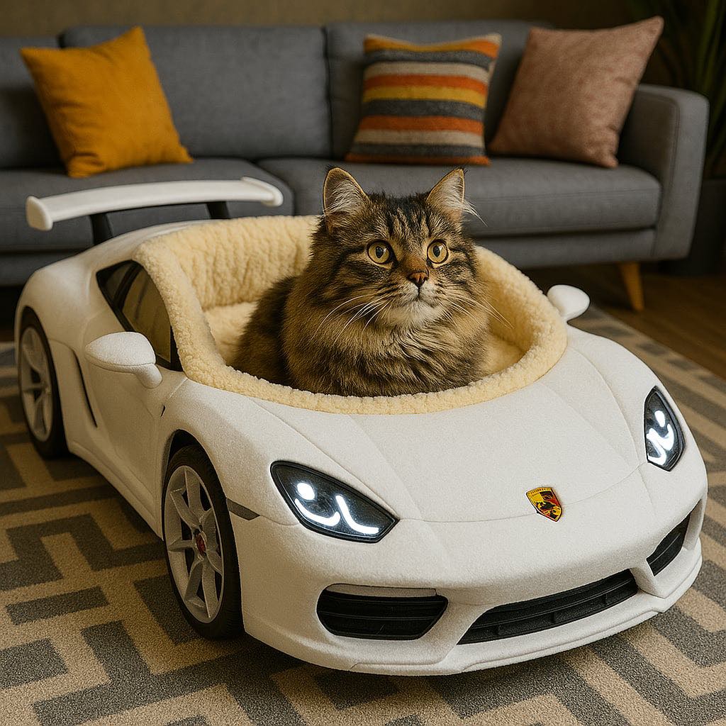 Elegant long-haired cat lounging in a sleek white luxury car-shaped bed in front of a grey sofa.