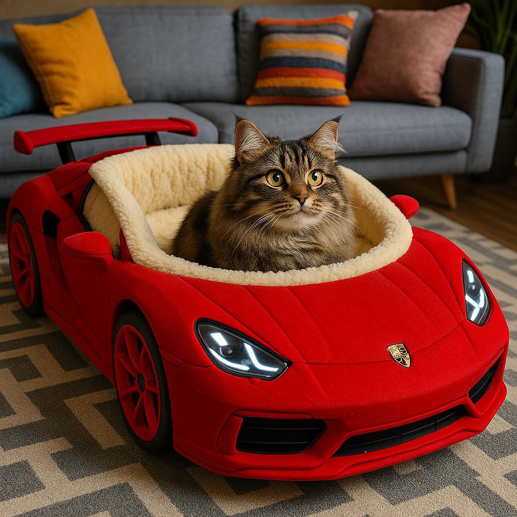 Fluffy tabby cat resting in a bold red sports car-shaped cat bed with plush interior and headlight accents.