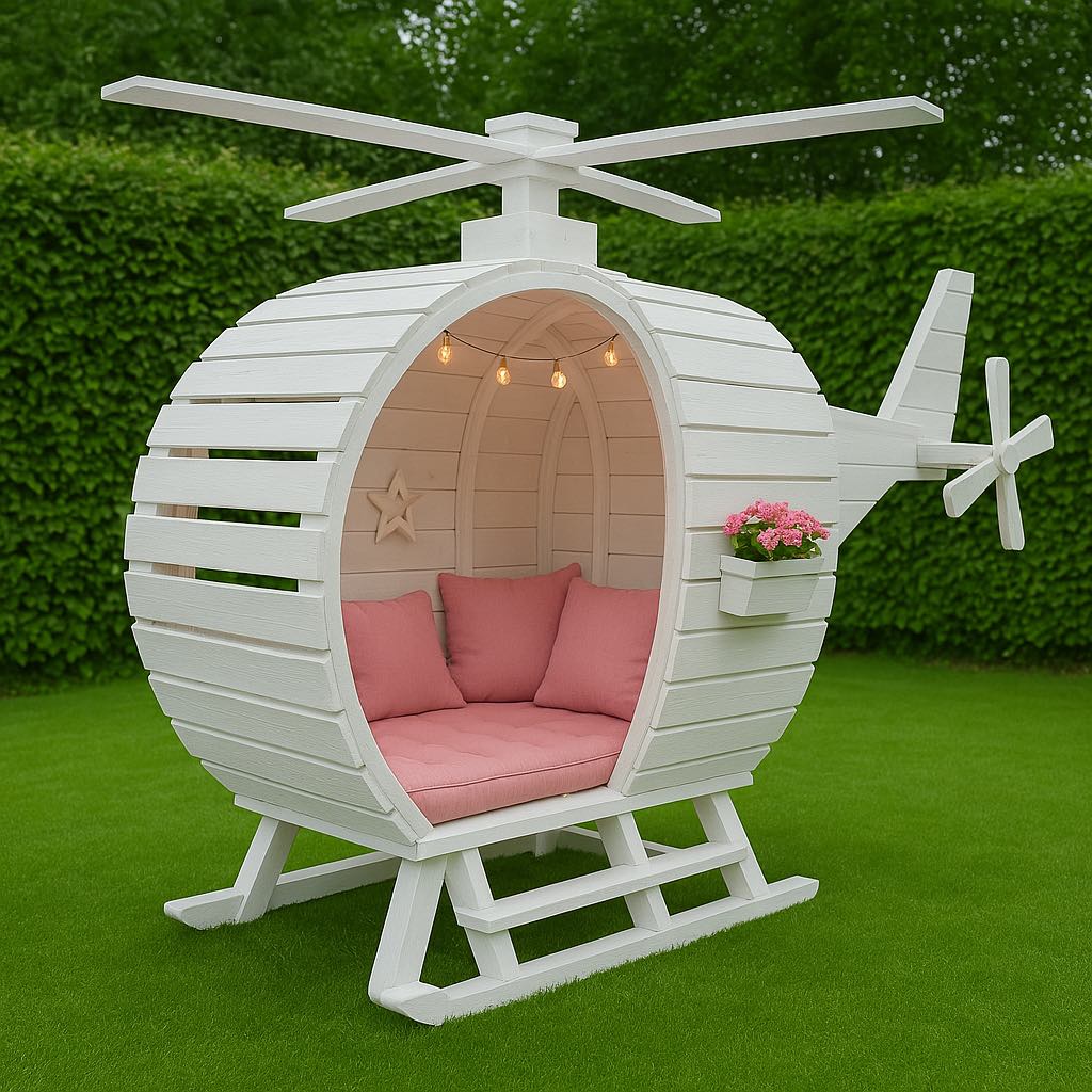  White helicopter-style garden pod with pink cushions, internal star décor, and flower box