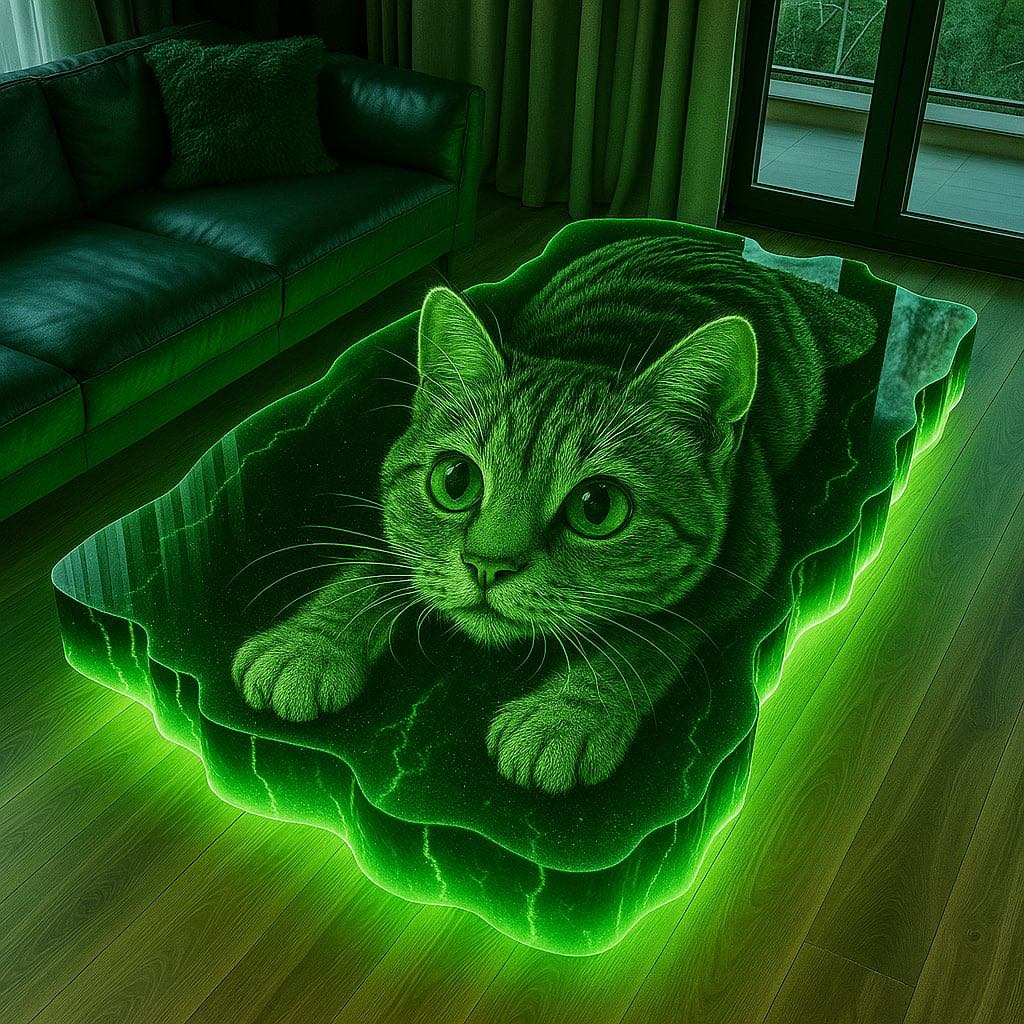Neon green LED coffee table shaped like a realistic lounging cat in a modern living room.