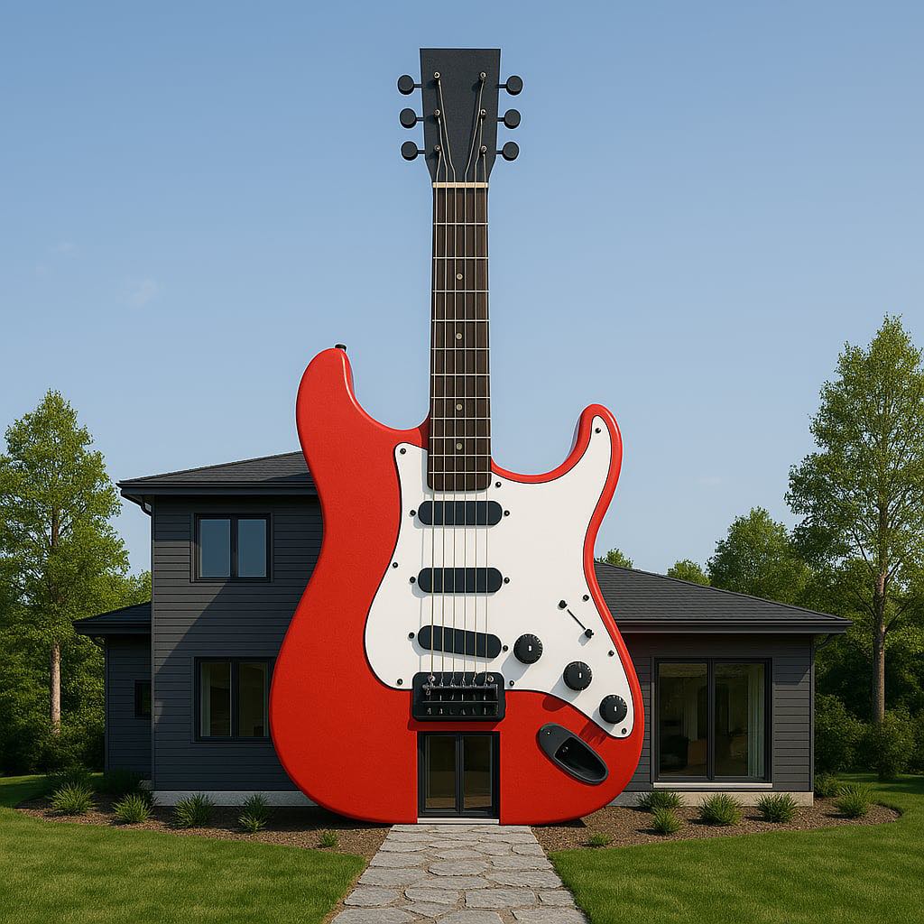 Vibrant red electric guitar-shaped house standing in front of a contemporary black and grey home