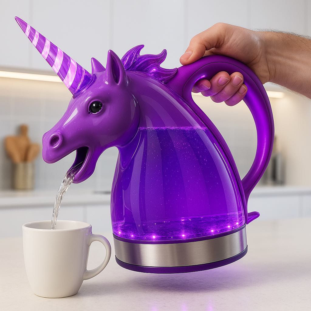 A deep purple unicorn kettle with LED base, shaped like a unicorn head, in a modern kitchen setting.