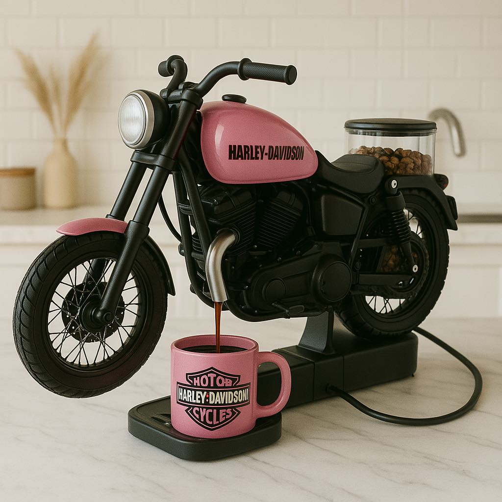 Pink Harley-Davidson motorbike coffee machine with coordinating pink mug pouring fresh coffee.