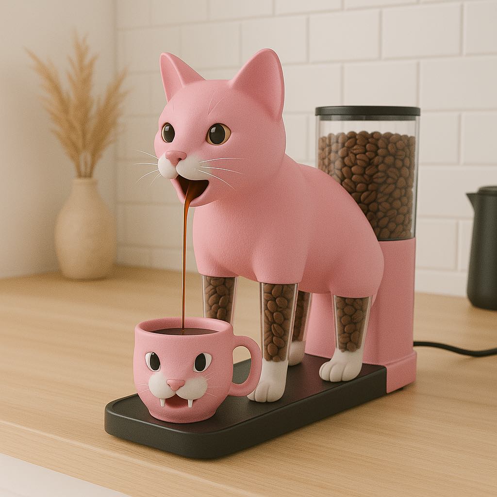A pastel pink cat-shaped coffee machine pouring coffee into a pink mug featuring a cute cat face.