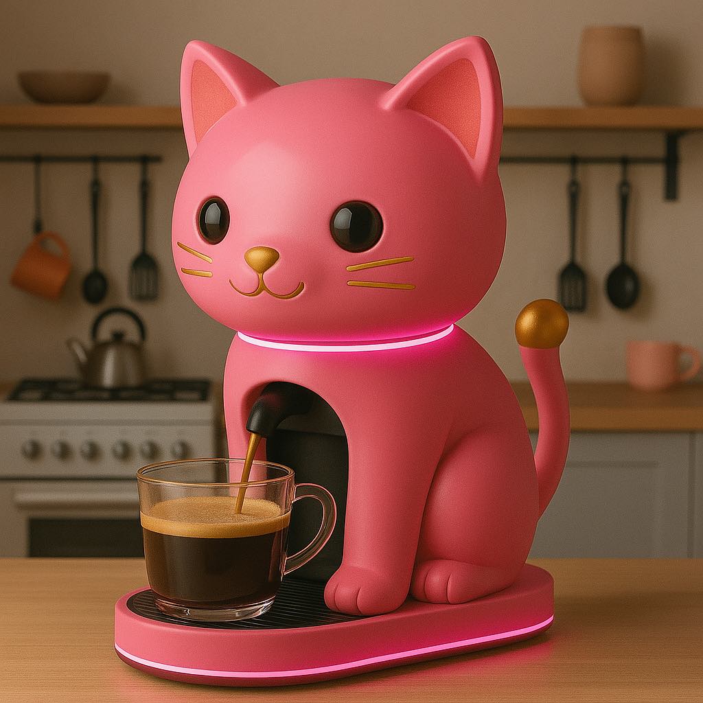  Pink cat-themed coffee machine with gold accents dispensing fresh coffee

