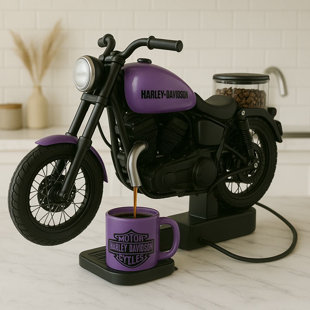 Purple motorbike-shaped coffee machine with Harley-Davidson branding and matching coffee mug.