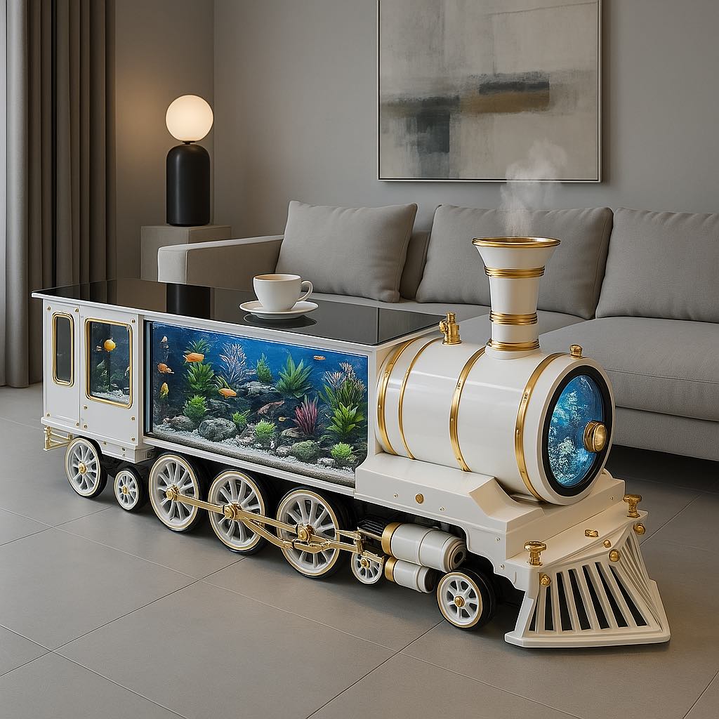 Elegant white coffee table shaped like a train with a built-in aquarium, placed in a calm living room setting