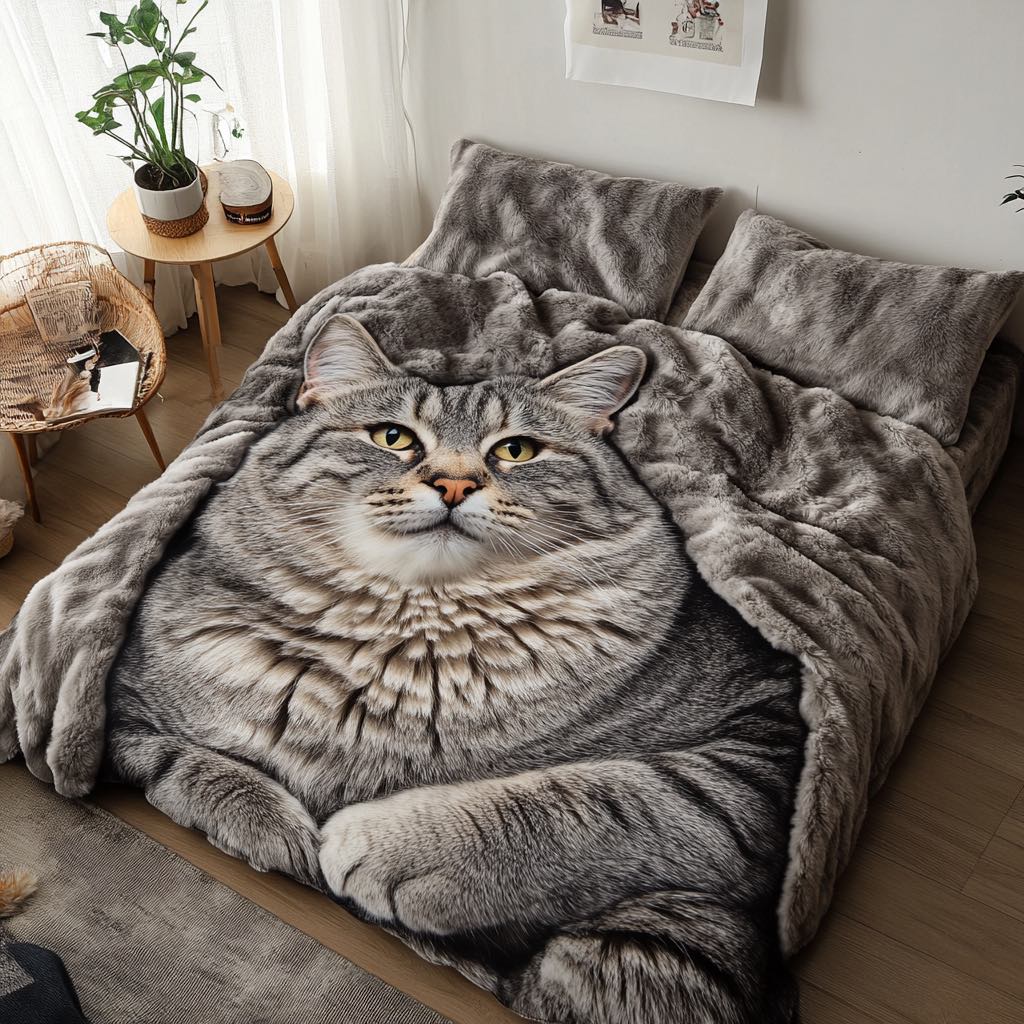 Grey faux fur duvet set with a large realistic tabby cat design, complete with matching pillows.