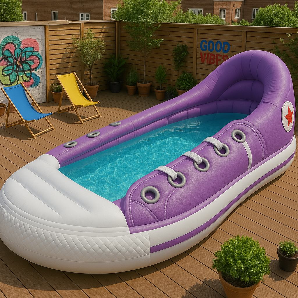Giant purple trainer-shaped inflatable pool with white laces in a lively garden setting. 