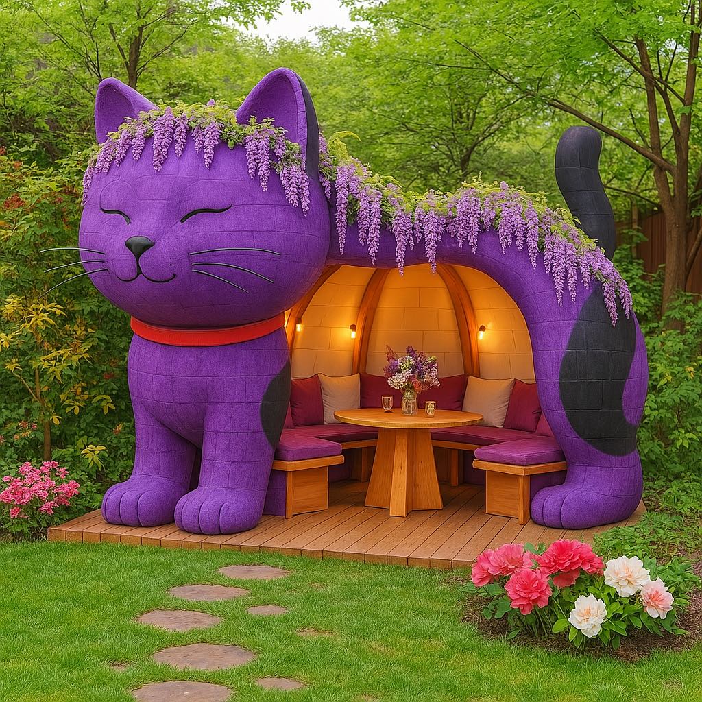 Cosy purple cat-shaped garden seating pod with wisteria flowers and wooden interior