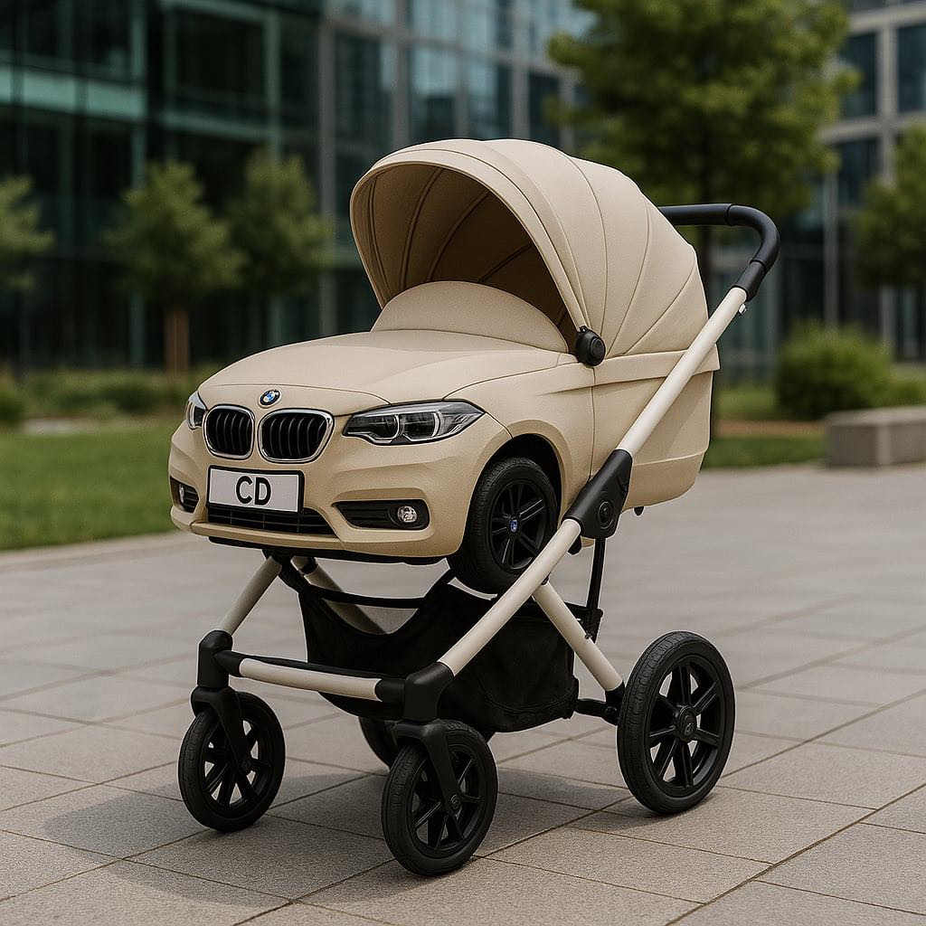  Elegant cream BMW-style baby pram outside modern building