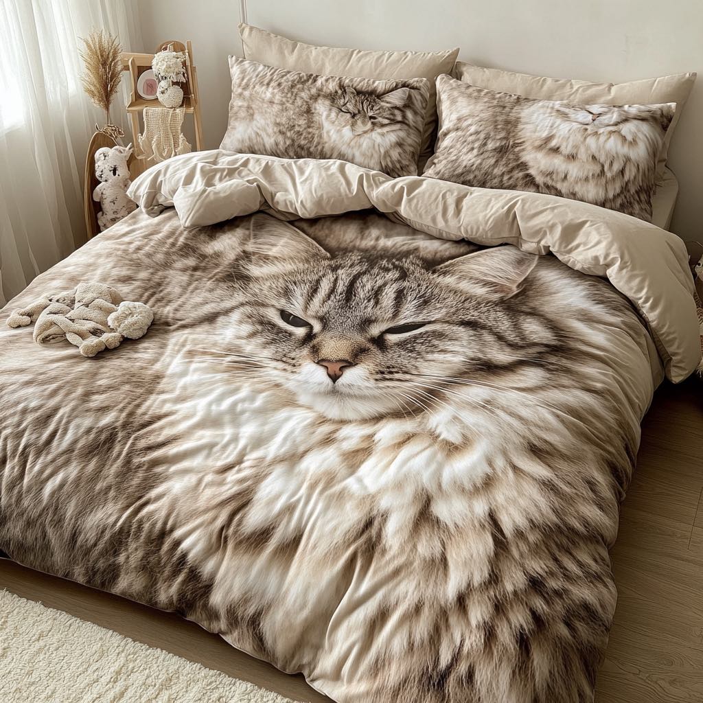 Sandy tabby cat printed duvet with sleepy eyes and matching printed pillows in a sunlit room.