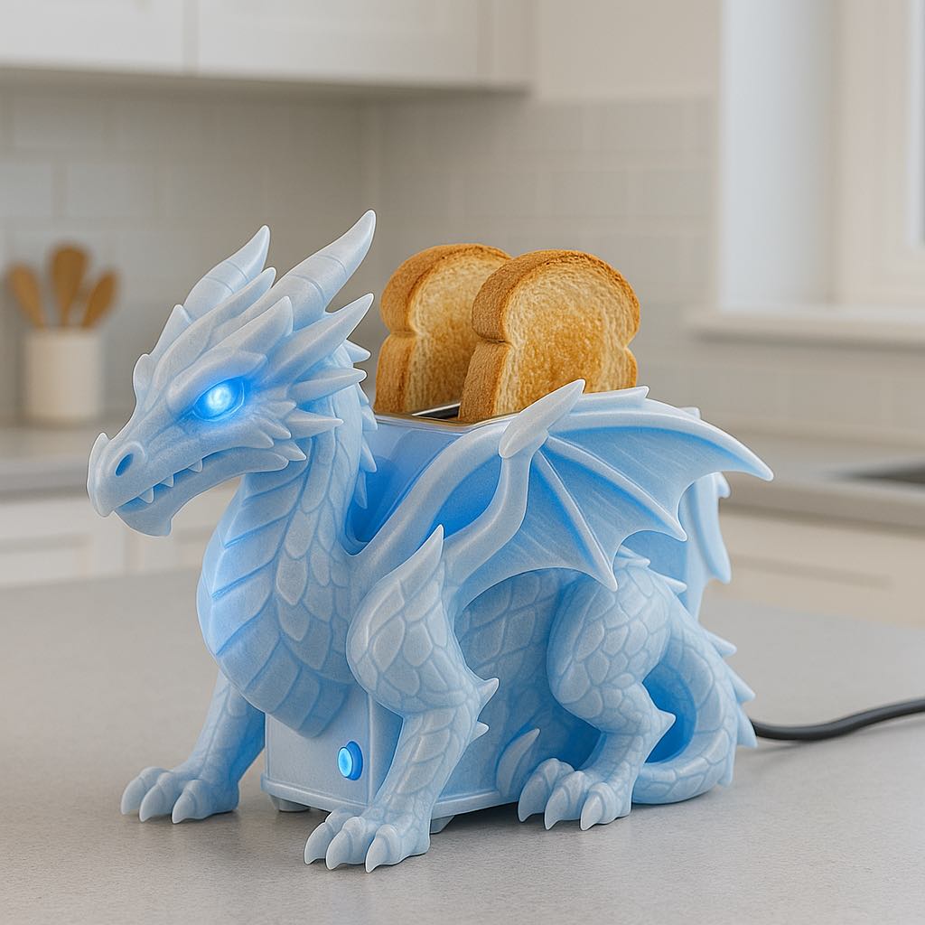 A blue dragon-shaped toaster with glowing LED eyes, toasting two slices of bread in a modern kitchen.