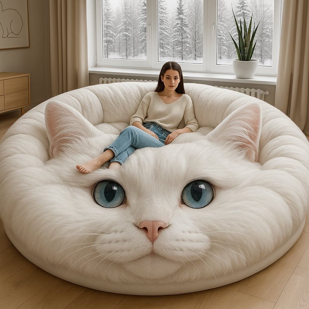 Woman sitting on a giant white fluffy cat-shaped sofa with blue eyes in a cosy living room