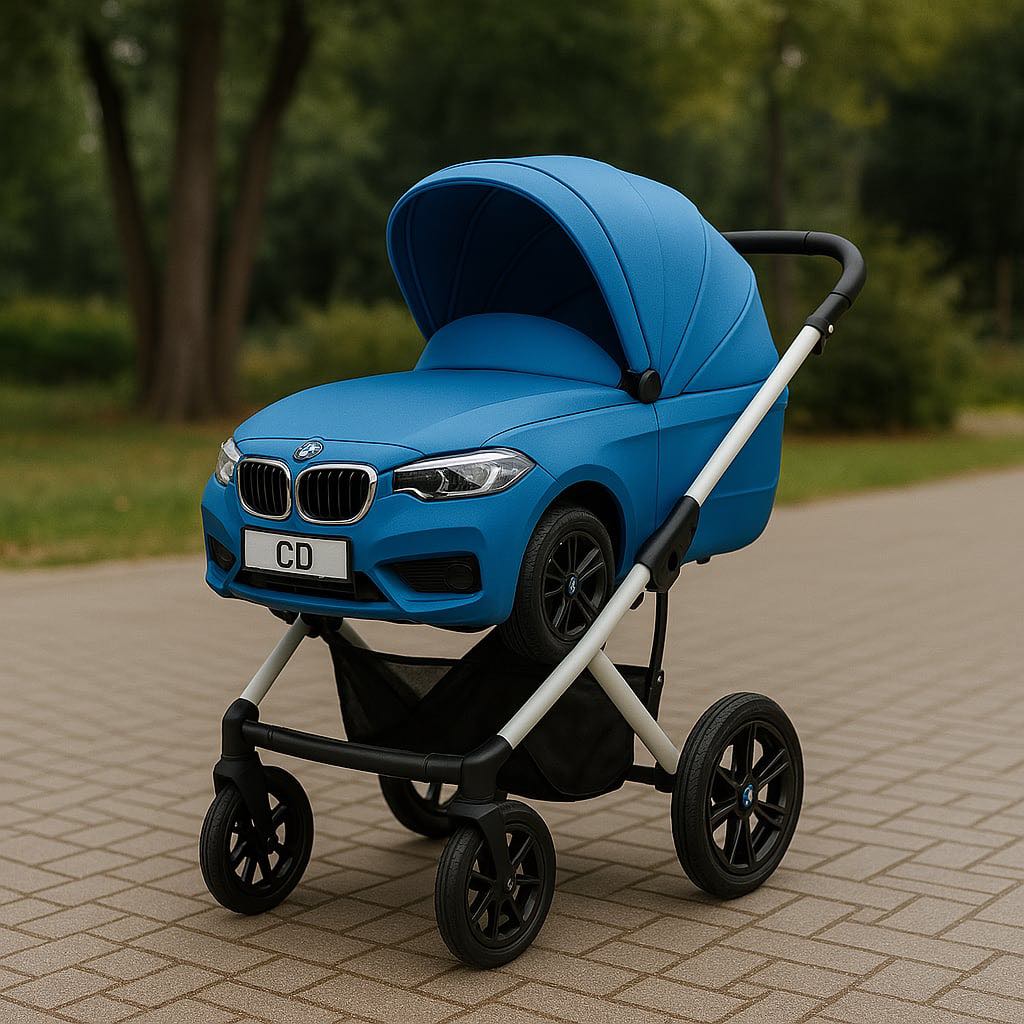 Bold blue baby stroller inspired by BMW design