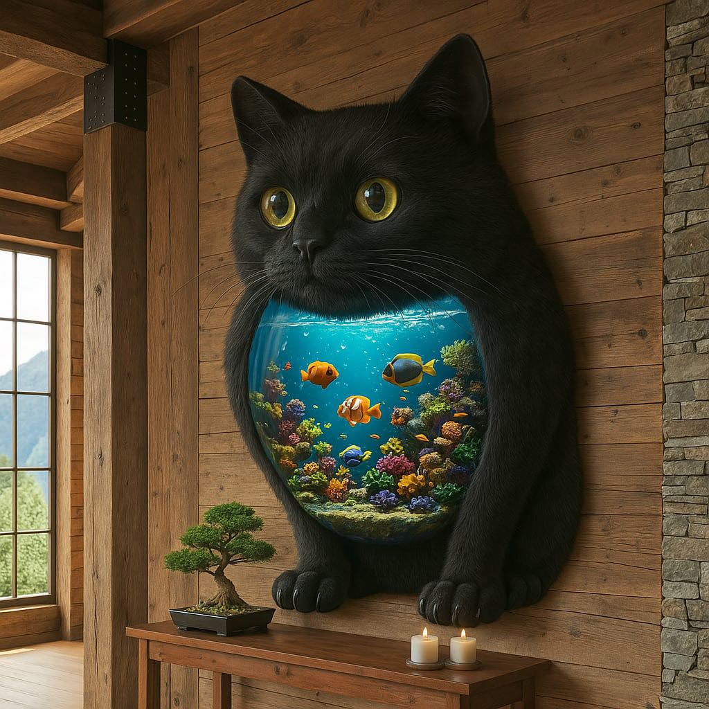 Striking black cat sculpture with a luminous underwater aquarium display