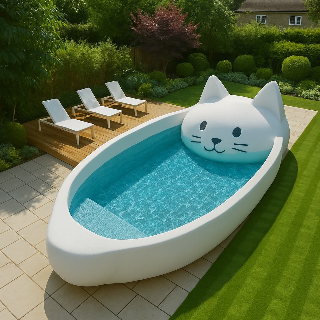 Whimsical white cat-shaped swimming pool in a modern backyard with vibrant greenery