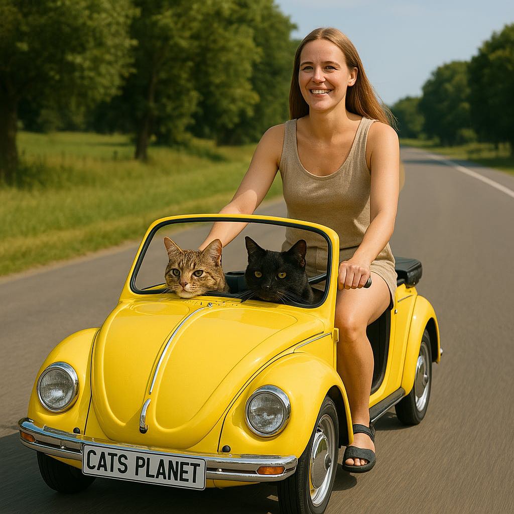 Tabby and black cat ride in a yellow bike styled after a vintage car on a forest-lined road

