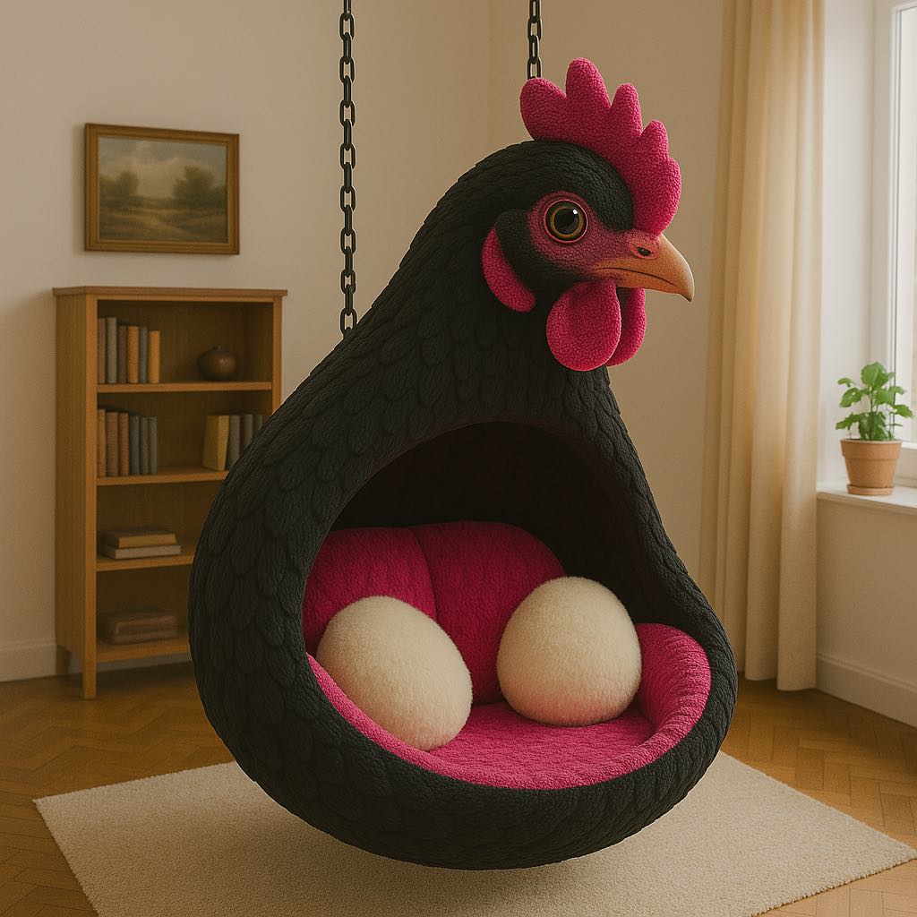  Cosy black and pink chicken-shaped hanging chair featuring two soft egg-shaped cushions
