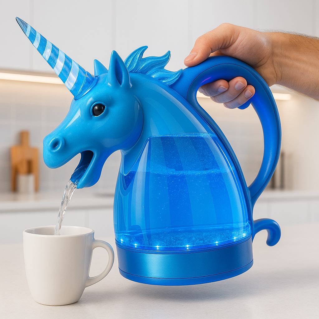 A vibrant blue unicorn-shaped LED electric kettle pouring hot water into a white mug.