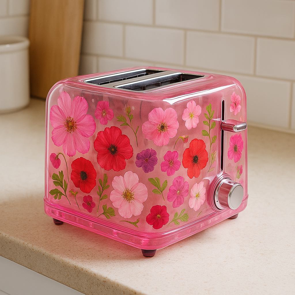 Pink translucent toaster featuring red, pink, and fuchsia floral patterns in a bright kitchen setting
