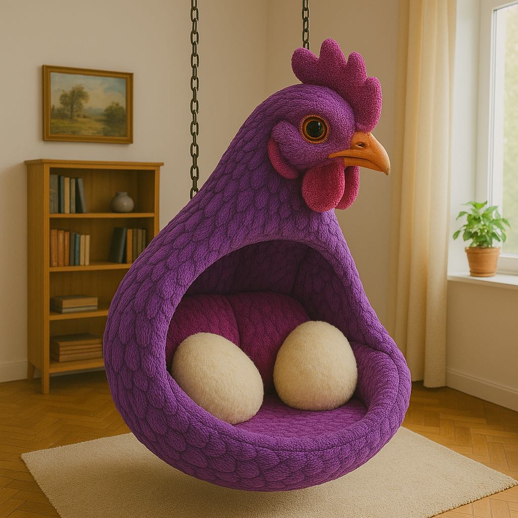 Hanging chair shaped like a purple chicken with two fluffy egg cushions in a reading corner