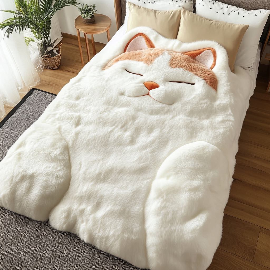 White faux fur bedding with an oversized cartoon cat design featuring orange ears and a peaceful expression.