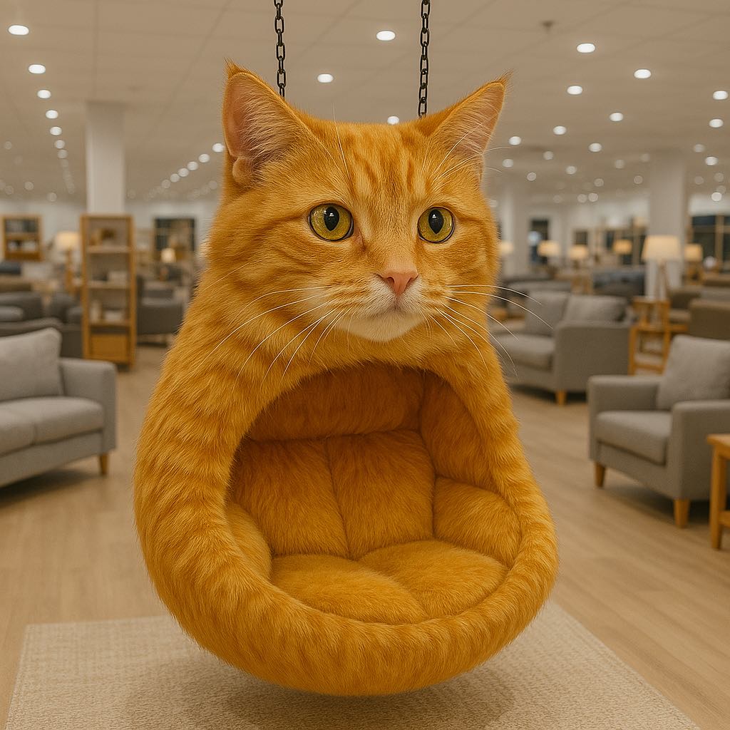 Hanging chair shaped like a ginger tabby cat in a sleek modern interior