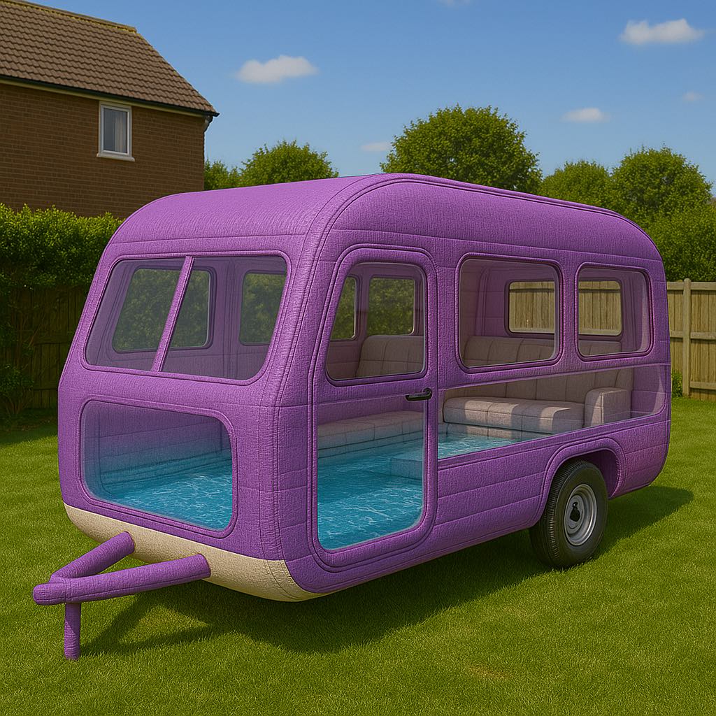 Vibrant purple pool caravan with transparent walls and interior water feature parked on green grass