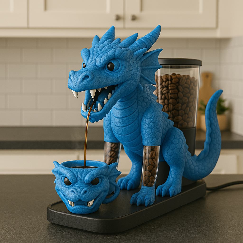 A blue dragon-shaped coffee machine pouring coffee into a fierce-looking blue dragon mug with visible coffee beans in the background.