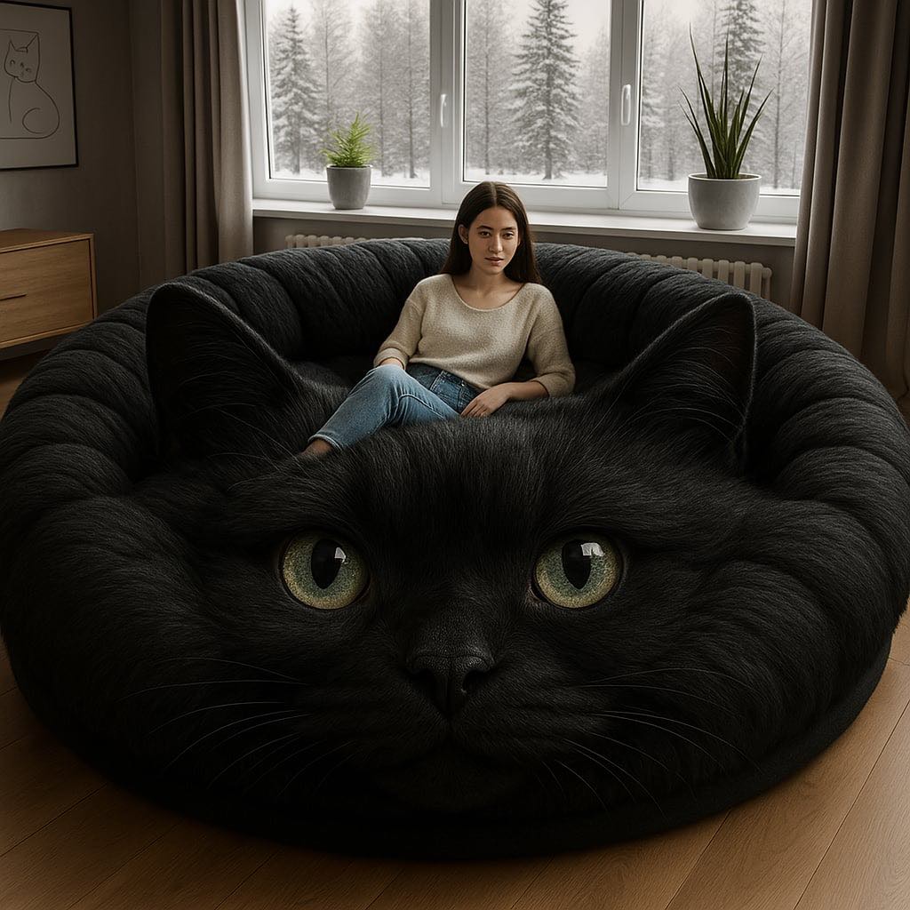 Woman lounging on an oversized black cat-shaped sofa with golden eyes in a dark-toned room
