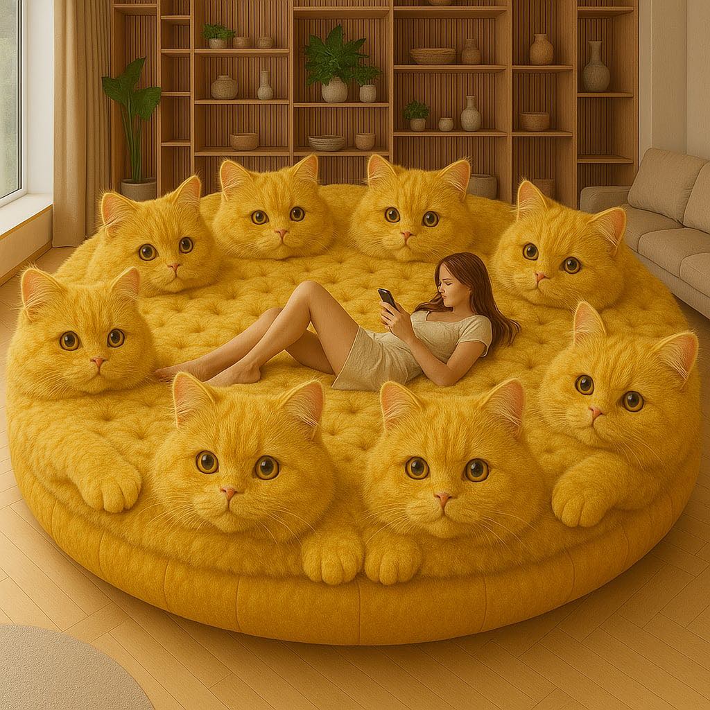 Bright yellow oversized cat sofa with a relaxed woman on it, surrounded by playful cat heads.